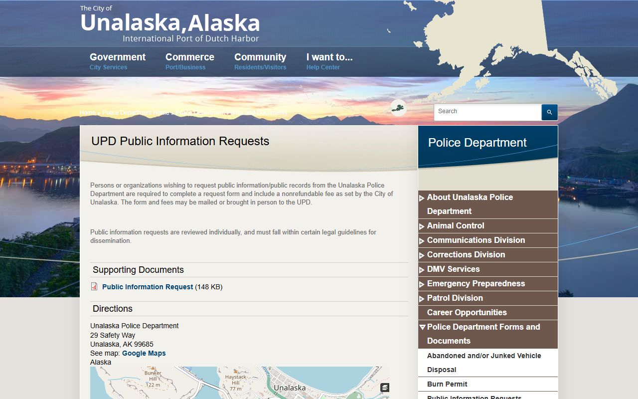 Aleutians West booking records Unalaska public information request form
