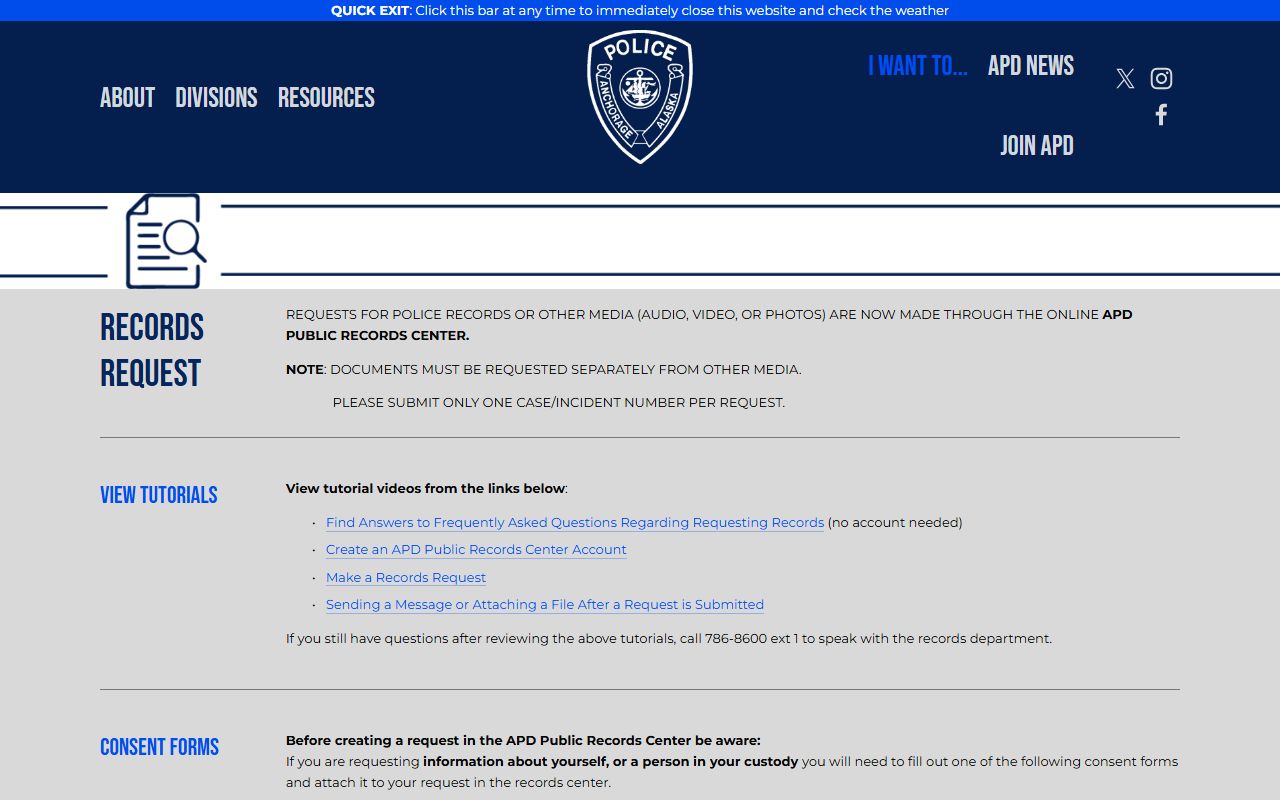 Anchorage Police Department records request page recent bookings