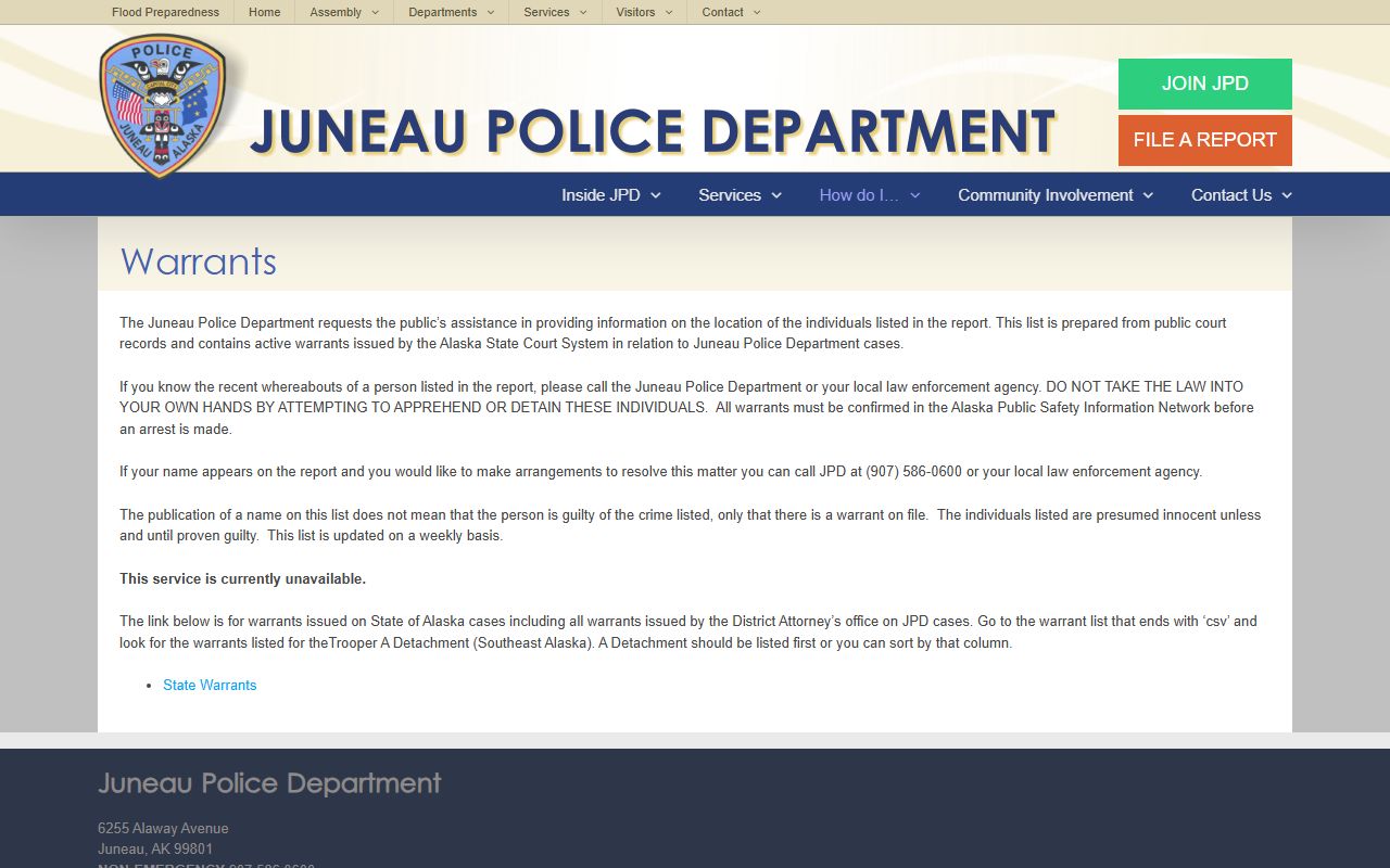 Juneau arrest records JPD active warrants page