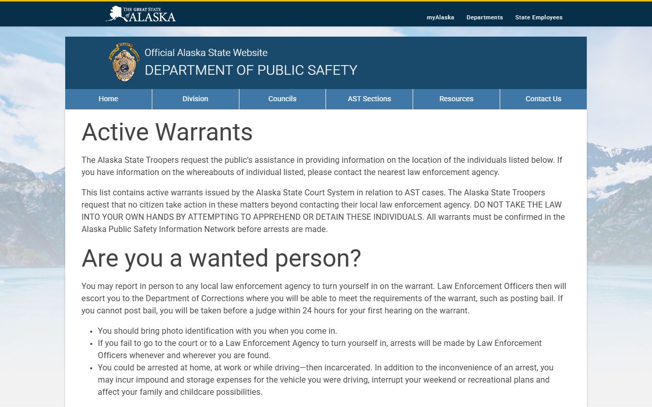Alaska AST active warrants recent bookings list