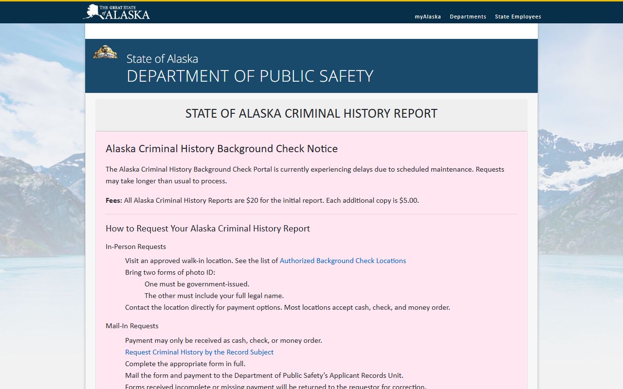 Alaska DPS background check recent bookings criminal history